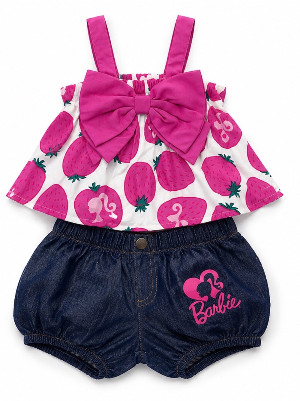 Barbie Hot Pink Strawberry Bow Tank with Dark Blue Denim Shorts